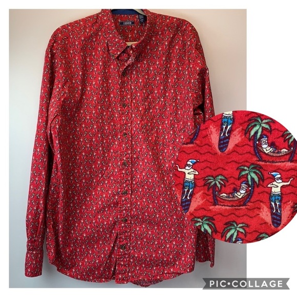 IZOD EUC Surfing Santa button down long sleeve LT
